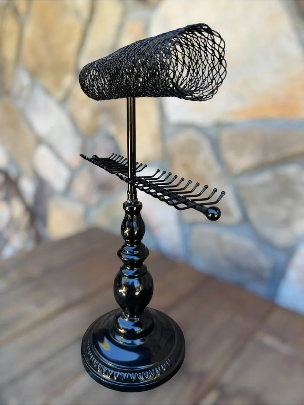 Two Tiered Vintage Style Black Metal Jewelry Stand with Multi-Arm Hooks - Picture 5 of 8